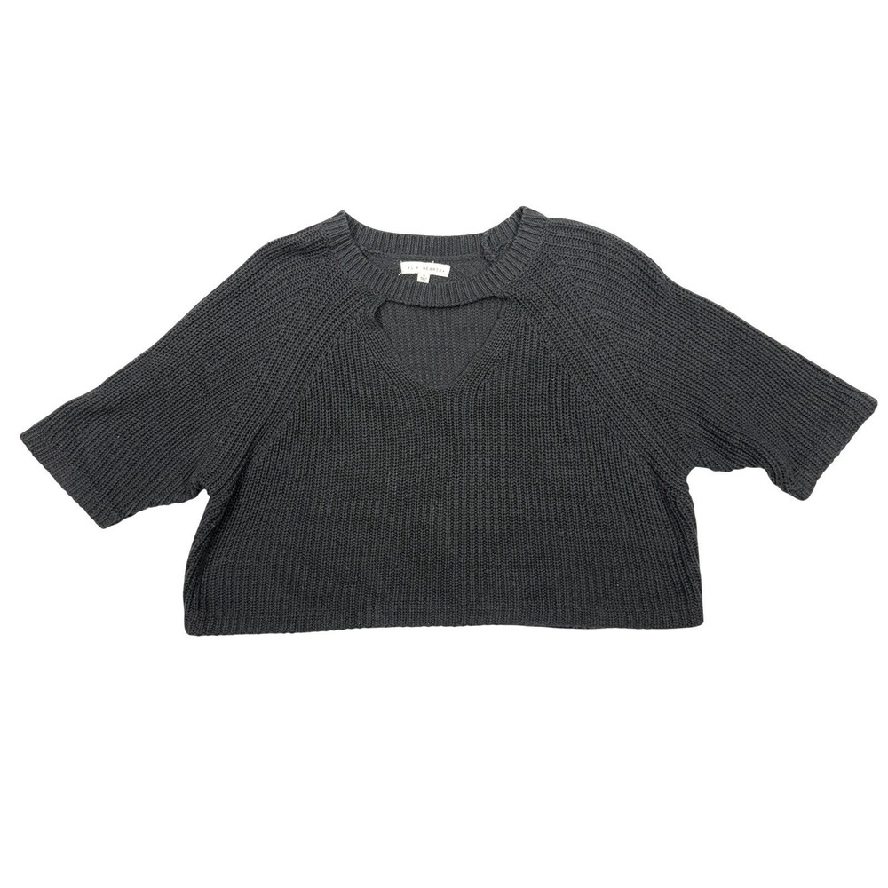 La Hearts Cropped Key Hole Knit Short Sleeved Sweater Black S Cotton Boho Y2K
